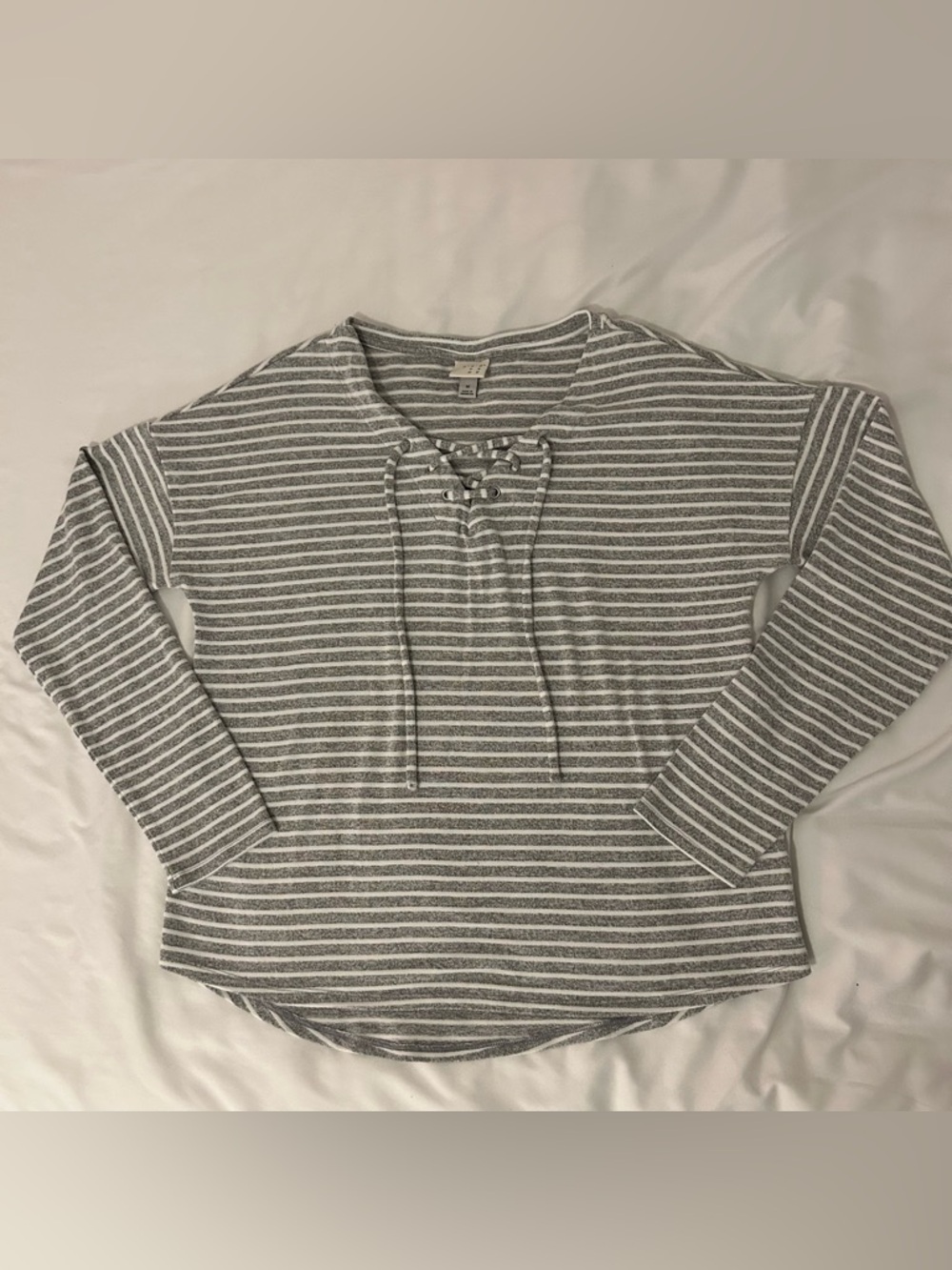 A New Day Women's Knit Long Sleeve Top Gray Striped Lace-Up Size M Nautical SOFT